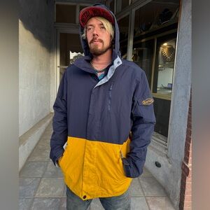 Burton DRYRIDE Men’s Snowboard Jacket L Navy Yellow Colorblock Hooded Pit Zips